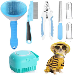 7pcs Pet Grooming Kit, Self-Cleaning Brush Shedding Kit With Nail Clipper.